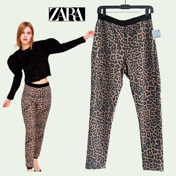 ZARA NEW Cheetah Contrast Pint Waistband Pull-On Legging M - Picture 1 of 11